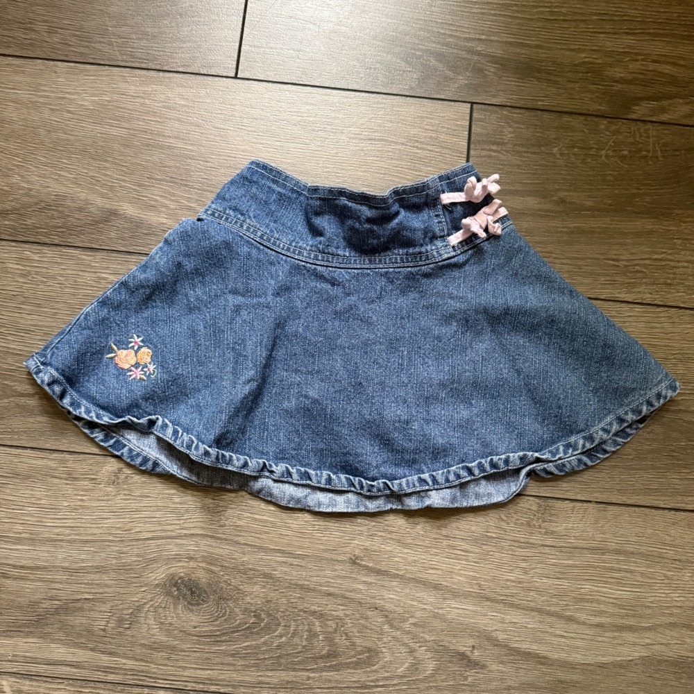 Nick Jr Girls Blue Denim Skater Skirt Floral Embroidery Pink Ribbon Size 2T 3T
